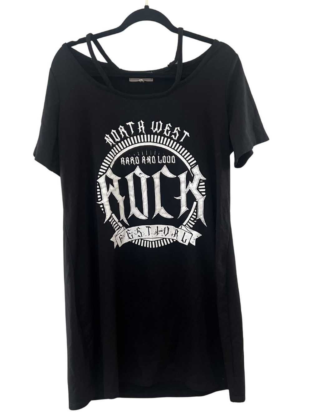 North West Rock Festival Graphic Mini Dress – Black Cold Shoulder, Size 1X